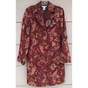 CAbi Jacobean Brocade Tapestry Pea Coat Jacket Maroon Burgundy Floral Size 10